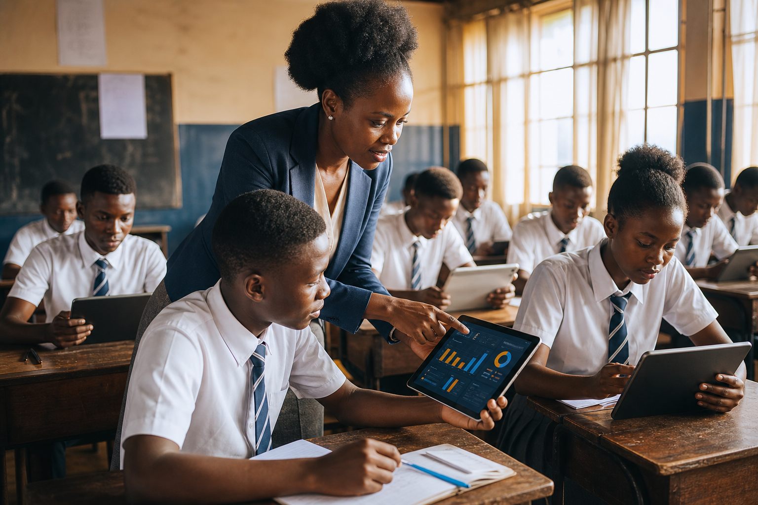 Students and a teacher using tablets during a lesson