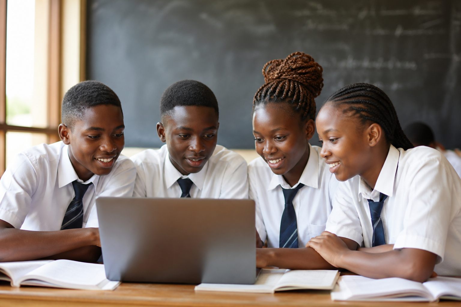 Students gathered around a laptop