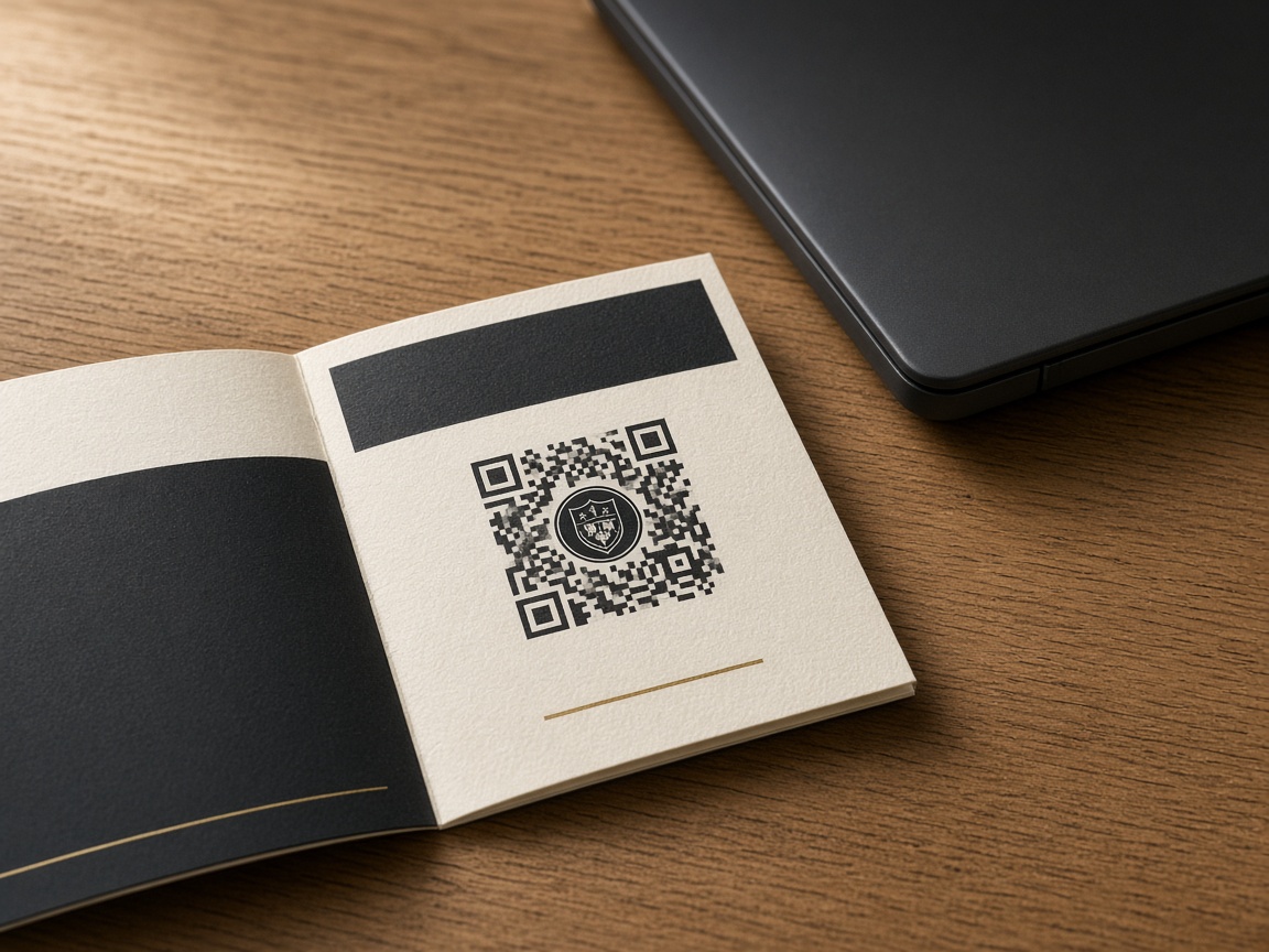 A foldable access card with a QR code beside a laptop