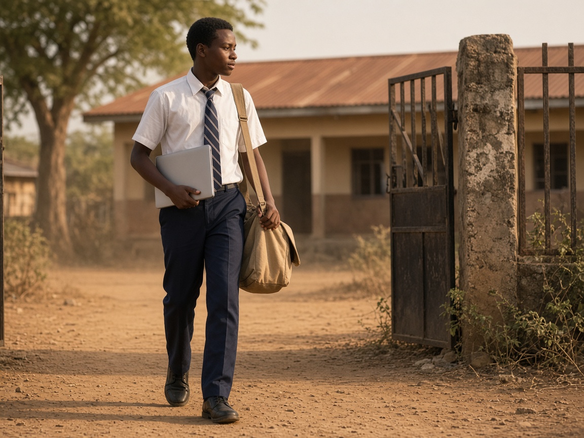 A student leaving school with a laptop